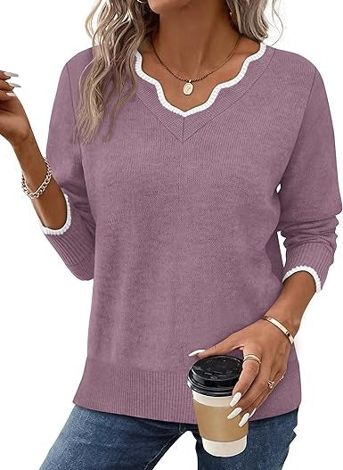 Street-Wave Women's Fall V Neck Sweater Cozy Casual Long Sleeve Knit Top For Everyday Wardrobe Essentials