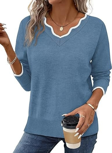 Street-Wave Women's Fall V Neck Sweater Cozy Casual Long Sleeve Knit Top For Everyday Wardrobe Essentials