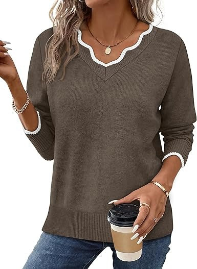 Street-Wave Women's Fall V Neck Sweater Cozy Casual Long Sleeve Knit Top For Everyday Wardrobe Essentials