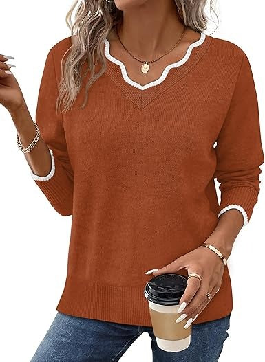 Street-Wave Women's Fall V Neck Sweater Cozy Casual Long Sleeve Knit Top For Everyday Wardrobe Essentials