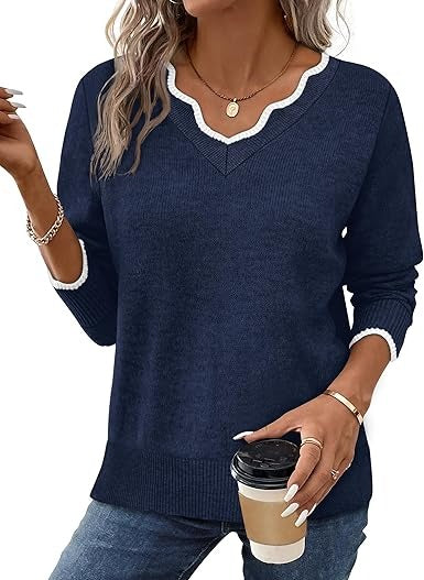 Street-Wave Women's Fall V Neck Sweater Cozy Casual Long Sleeve Knit Top For Everyday Wardrobe Essentials