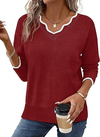 Street-Wave Women's Fall V Neck Sweater Cozy Casual Long Sleeve Knit Top For Everyday Wardrobe Essentials