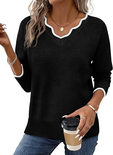 Street-Wave Women's Fall V Neck Sweater Cozy Casual Long Sleeve Knit Top For Everyday Wardrobe Essentials