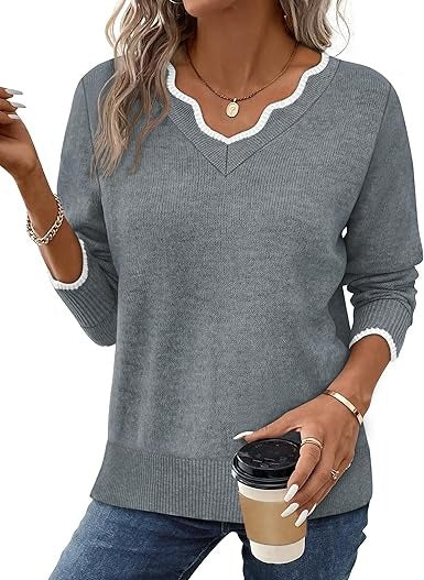 Street-Wave Women's Fall V Neck Sweater Cozy Casual Long Sleeve Knit Top For Everyday Wardrobe Essentials