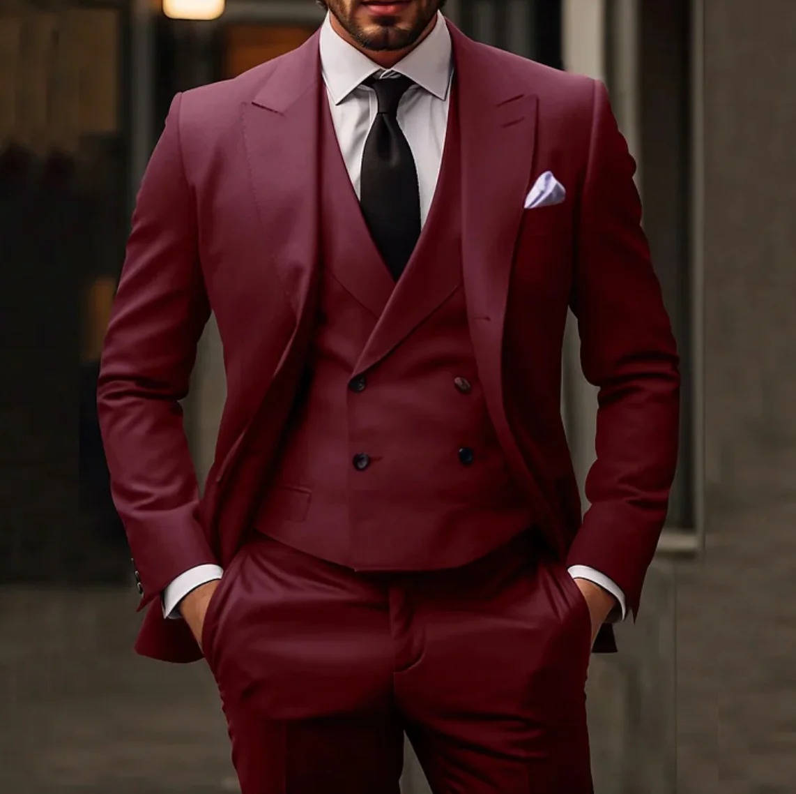 Men's 3-Piece Tuxedo Suit With Waistcoat Burgundy Red Formal Wear for Weddings and Events