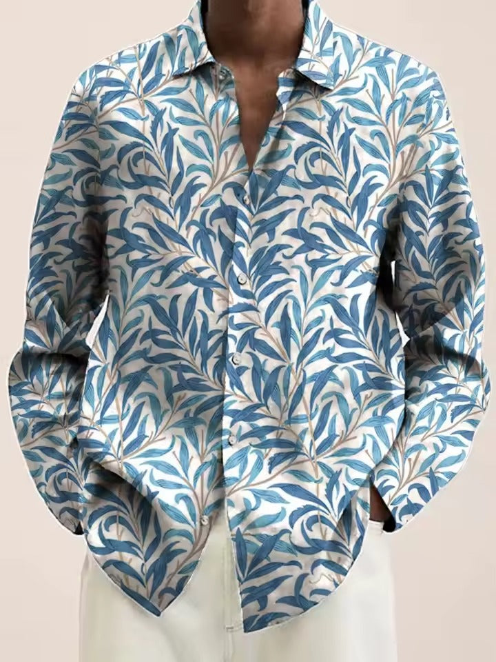 Street-Wave Mens Navy Floral Shirt With White Blossom Pattern Casual Button Down For Brunch And Date Night