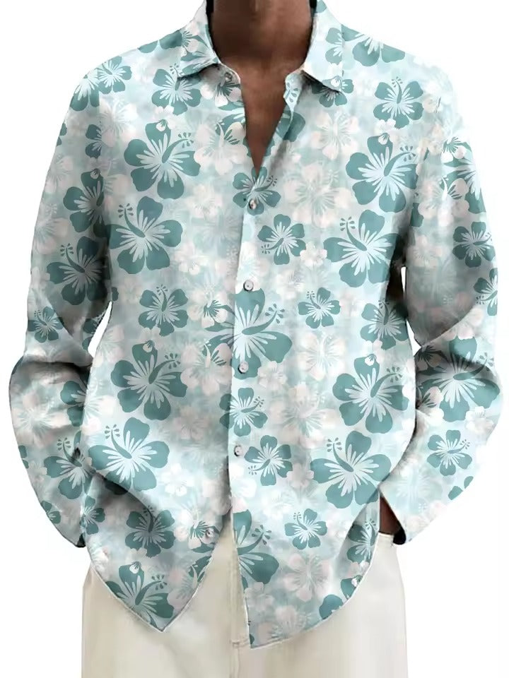 Street-Wave Mens Navy Floral Shirt With White Blossom Pattern Casual Button Down For Brunch And Date Night