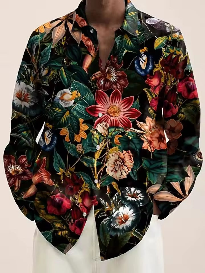 Street-Wave Mens Navy Floral Shirt With White Blossom Pattern Casual Button Down For Brunch And Date Night