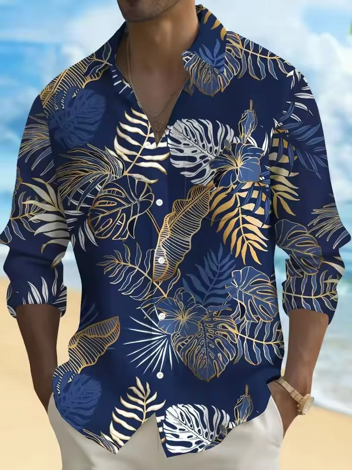 Street-Wave Mens Navy Floral Shirt With White Blossom Pattern Casual Button Down For Brunch And Date Night