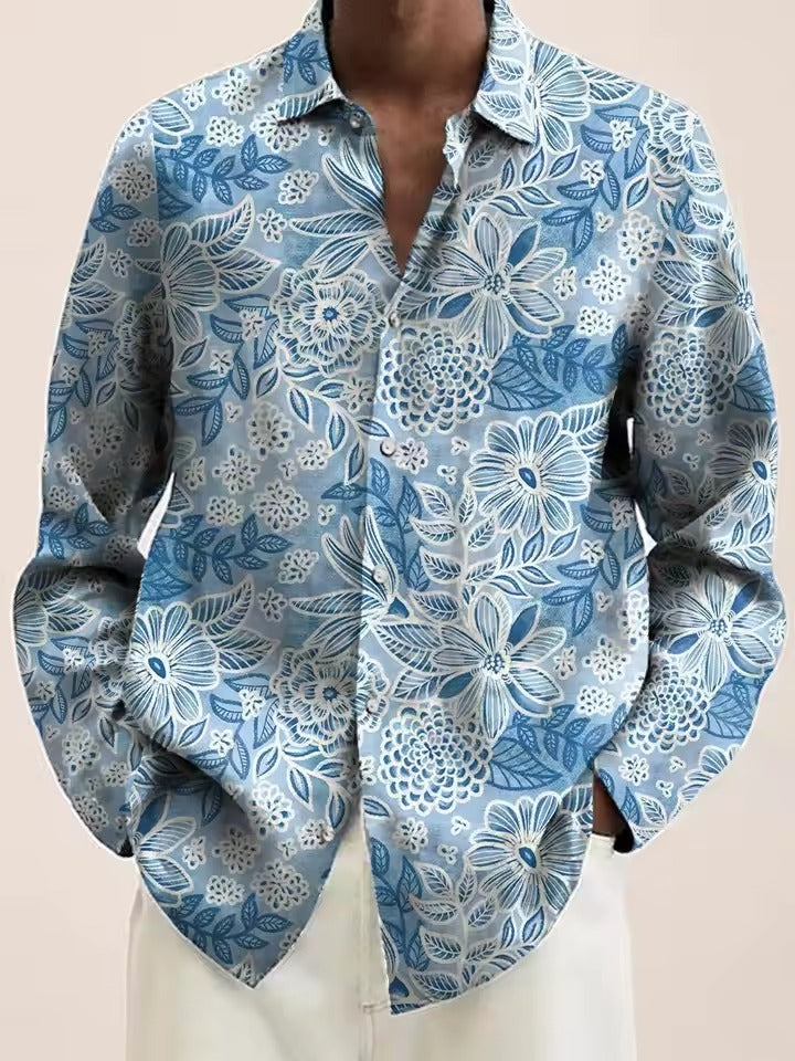 Street-Wave Mens Navy Floral Shirt With White Blossom Pattern Casual Button Down For Brunch And Date Night