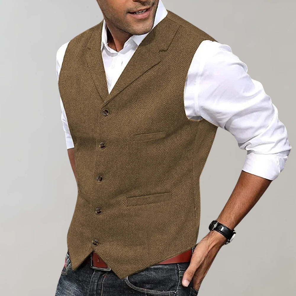 Mens Green Herringbone Pattern Formal Vest For Smart Casual And Dressier Looks Worldwide