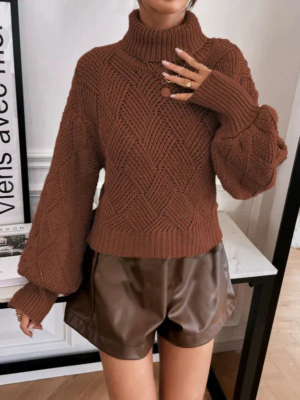 Streetwave Wool Knit Turtleneck Sweater With Lantern Sleeves Oversized Cozy For Women