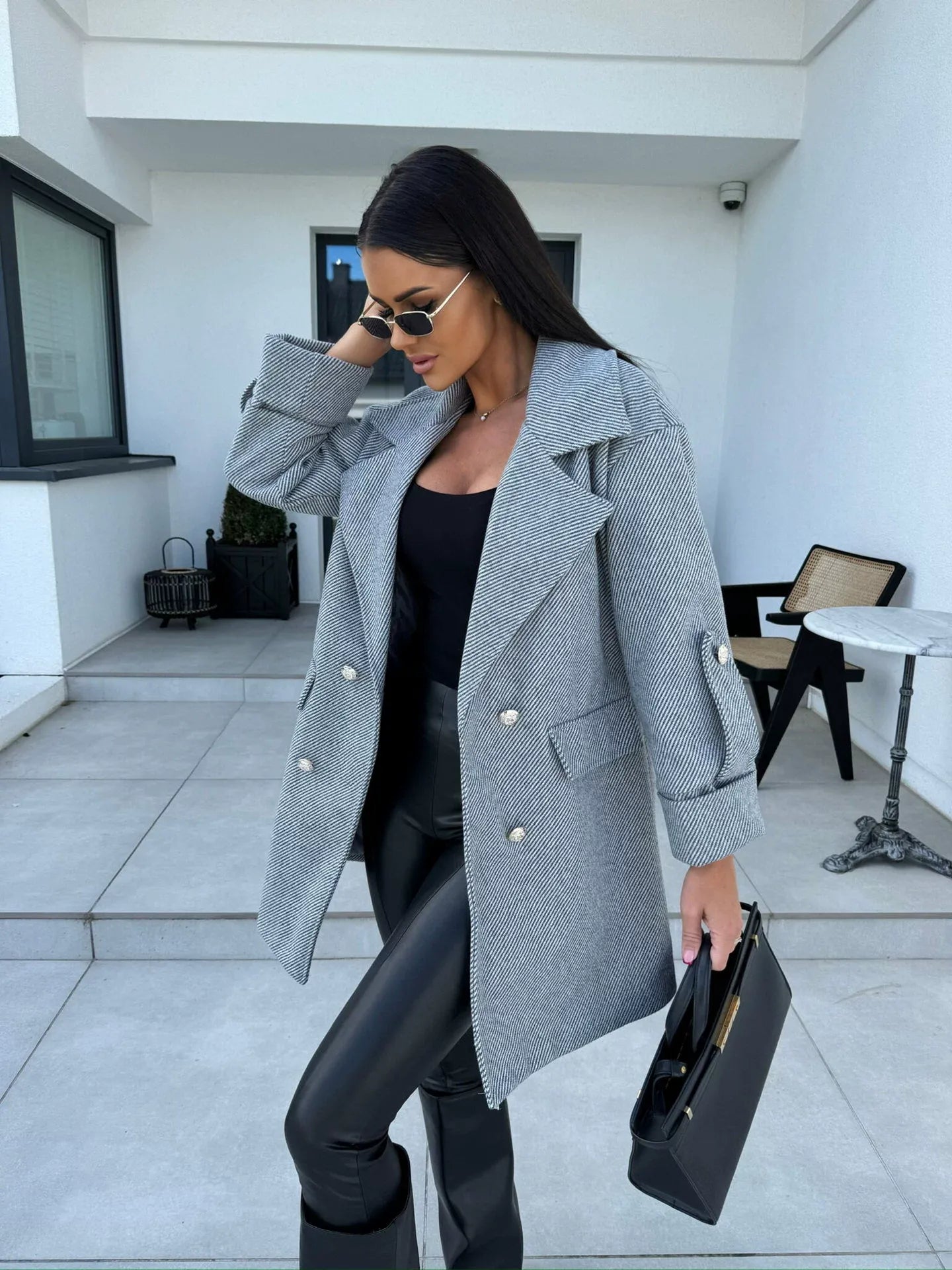Street-Wave Wool Coat With H-Line Fit, Double-Breasted Blazer Collar, Knee-Length For Chic Modern Women