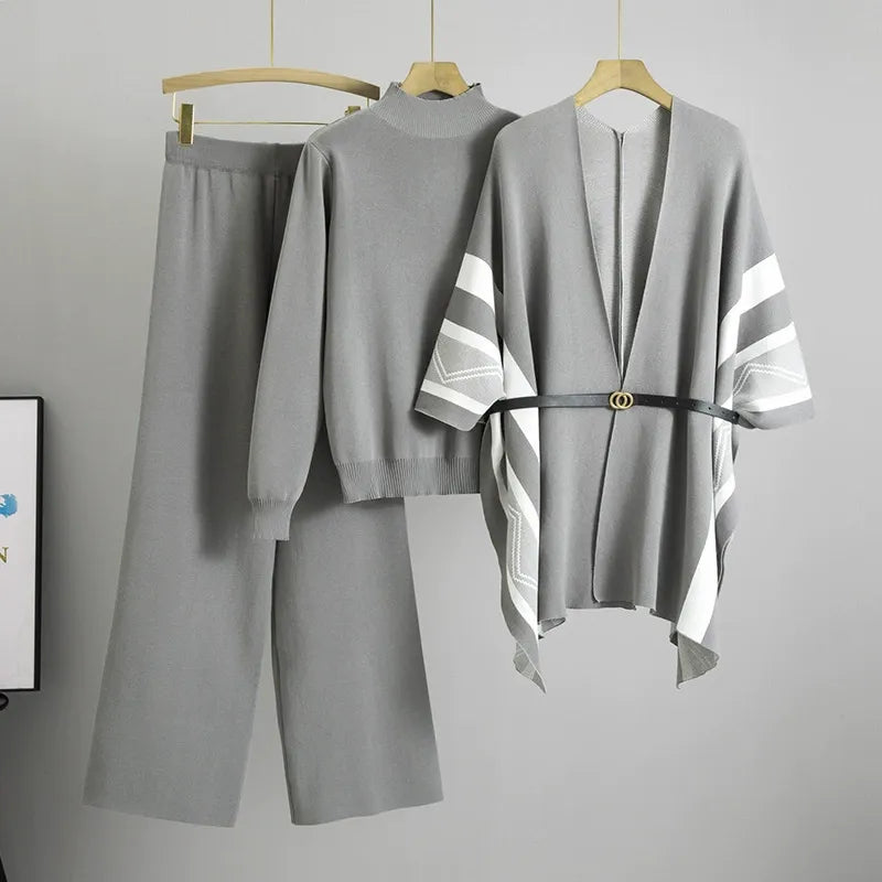 Street-Wave Women's Three-Piece Belted Shawl Cardigan Set With Soft Drape