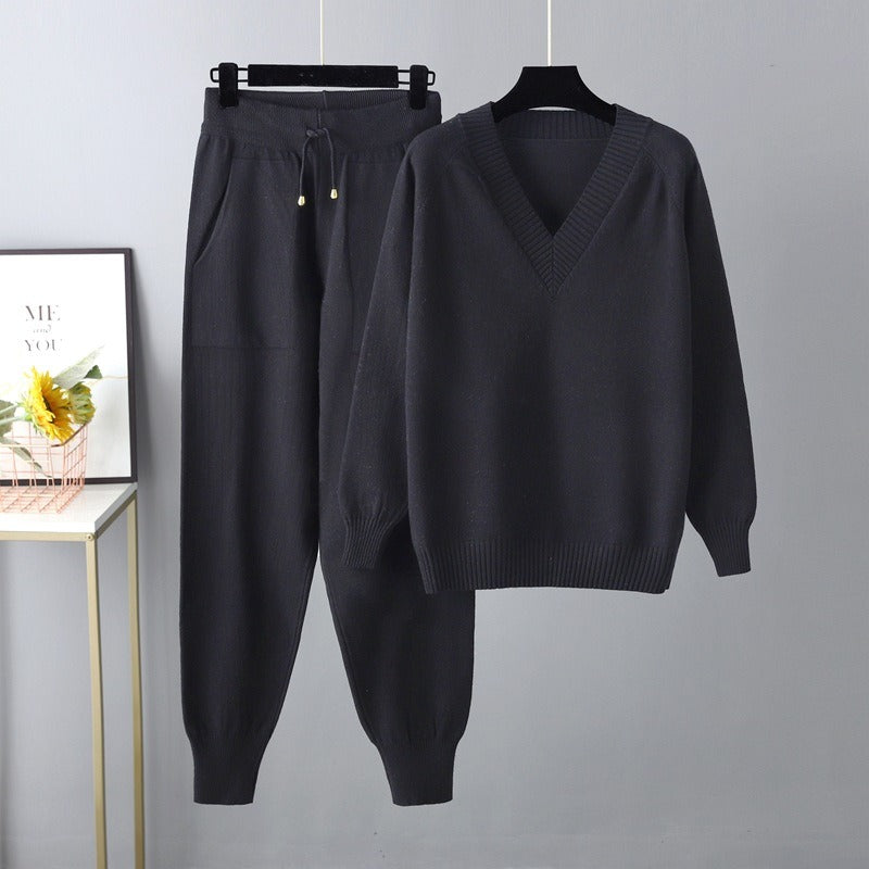 Street Wave Women's Knit Lounge Set V Neck Sweater And Cozy Relaxed Joggers
