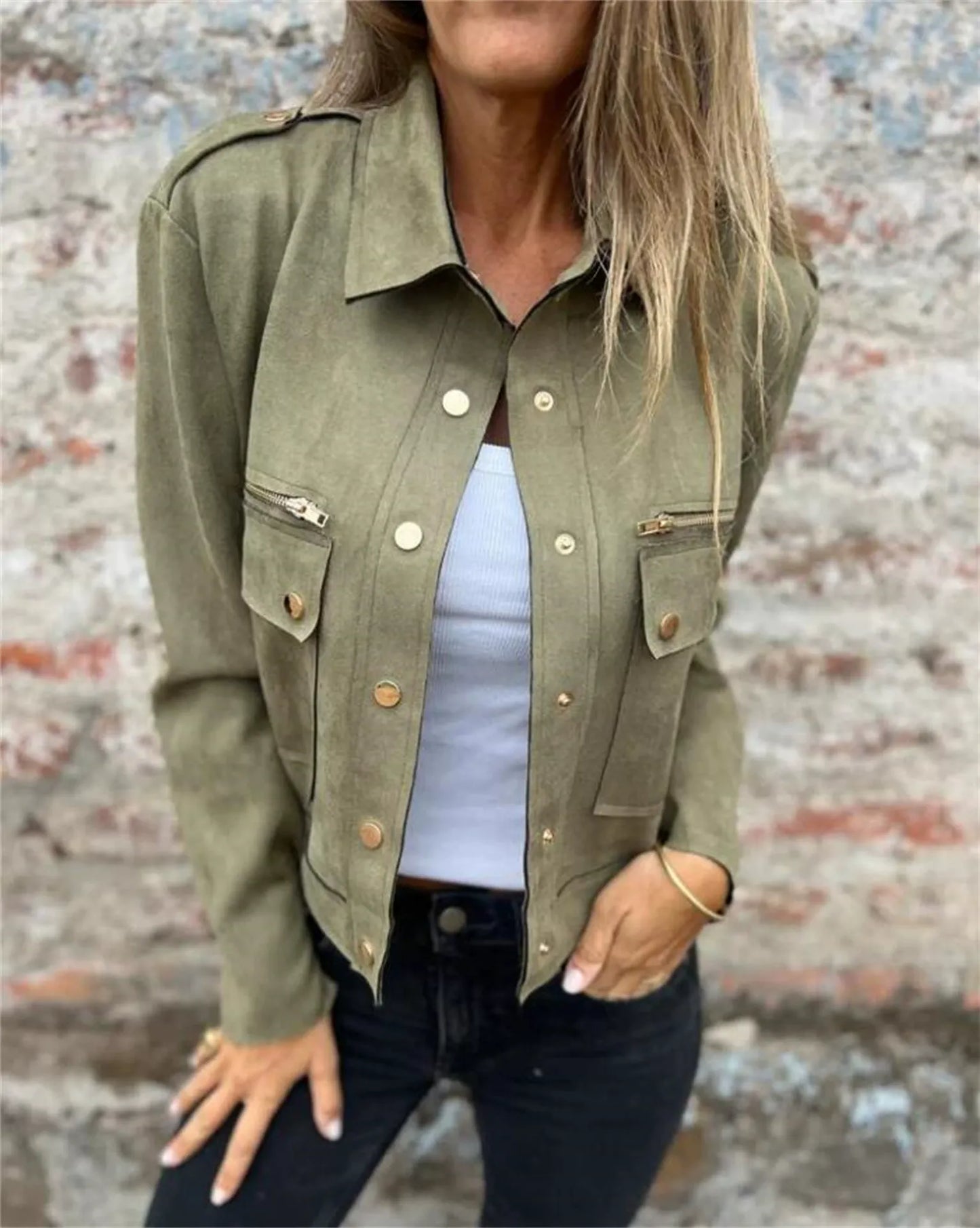 Street-Wave Coat: Figure-Flattering Faux Suede Look With Lapel, Gold Buttons, Zip Closure, Women's Fashion