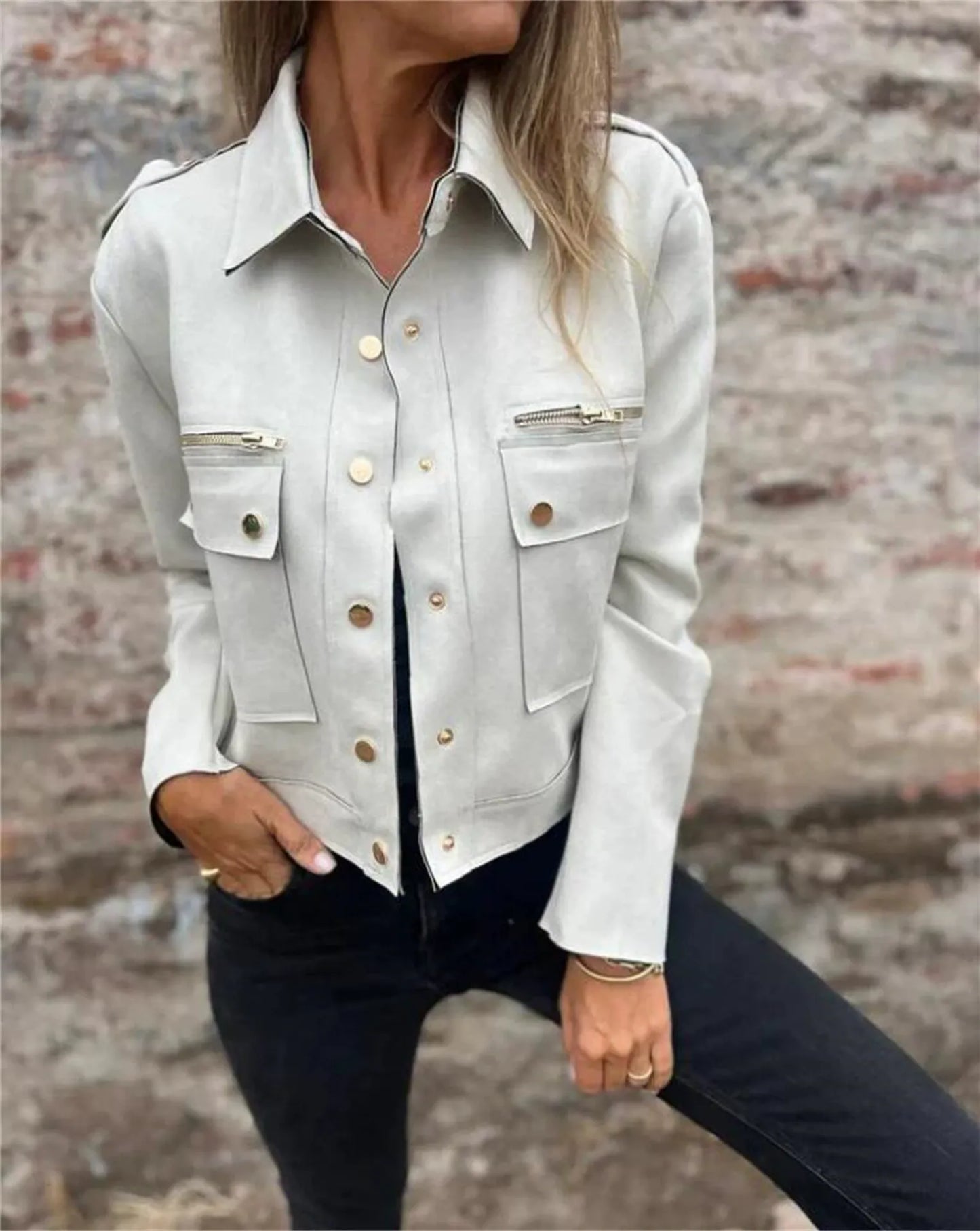 Street-Wave Coat: Figure-Flattering Faux Suede Look With Lapel, Gold Buttons, Zip Closure, Women's Fashion