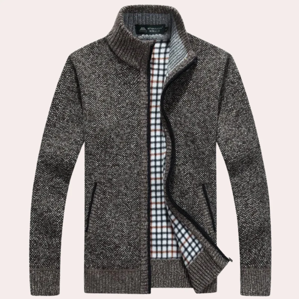Men's Cardigan In Relaxed Fit With Textured Knit Zip Front Stand Collar And Ribbed Trim By Street-Wave