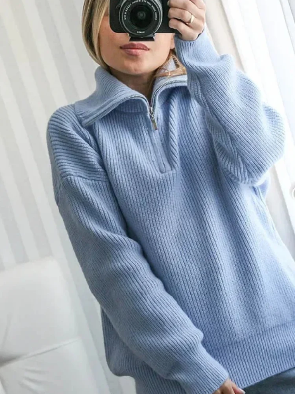 Street Wave Wool Pullover Women Cozy Relaxed Fit High Zip Collar Ribbed Finish Warmth