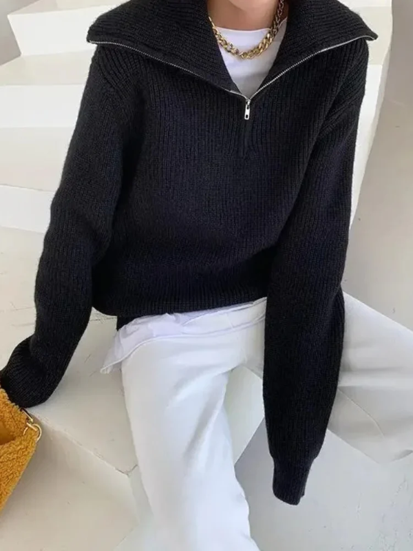 Street Wave Wool Pullover Women Cozy Relaxed Fit High Zip Collar Ribbed Finish Warmth