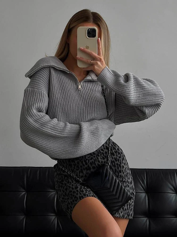 Street Wave Wool Pullover Women Cozy Relaxed Fit High Zip Collar Ribbed Finish Warmth