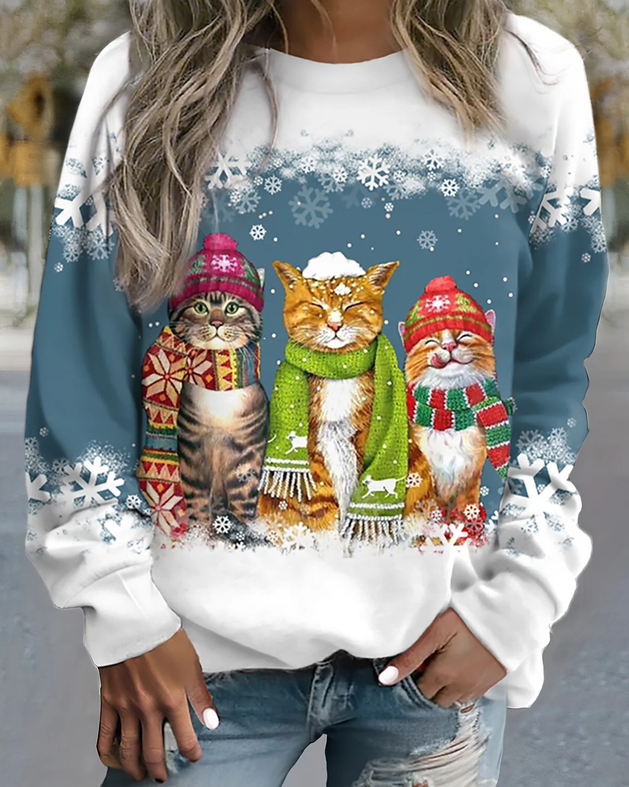 Street Wave Cozy Cat Graphic Knit Sweatshirt With Loose Fit For Women Winter Style Comfort