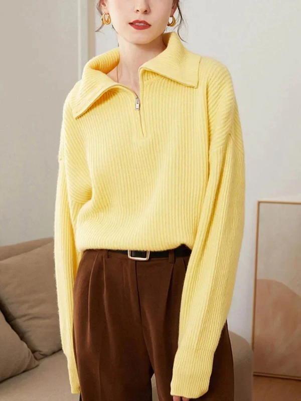 Street Wave Wool Pullover Women Cozy Relaxed Fit High Zip Collar Ribbed Finish Warmth
