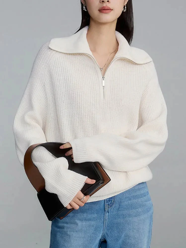 Street Wave Wool Pullover Women Cozy Relaxed Fit High Zip Collar Ribbed Finish Warmth