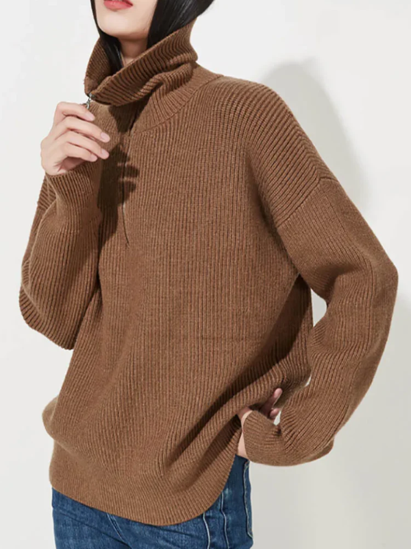 Street Wave Wool Pullover Women Cozy Relaxed Fit High Zip Collar Ribbed Finish Warmth