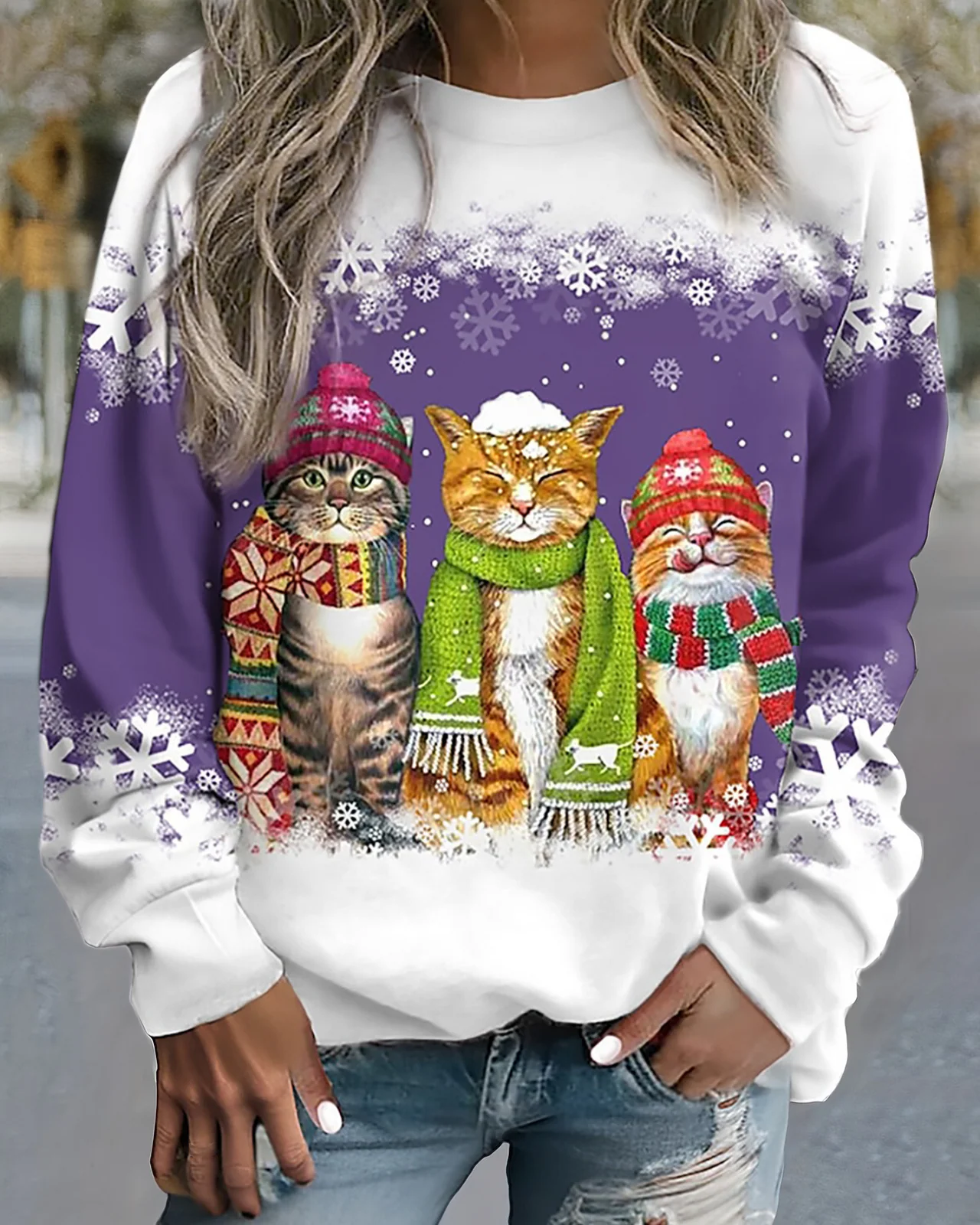 Street Wave Cozy Cat Graphic Knit Sweatshirt With Loose Fit For Women Winter Style Comfort