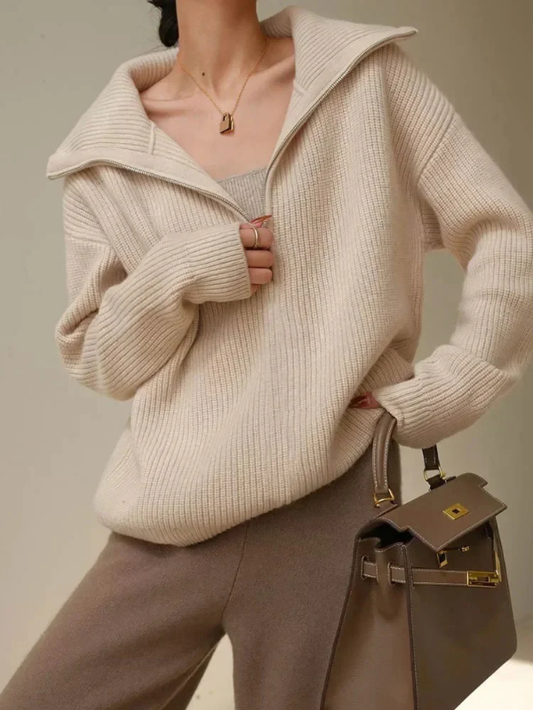 Street Wave Wool Pullover Women Cozy Relaxed Fit High Zip Collar Ribbed Finish Warmth