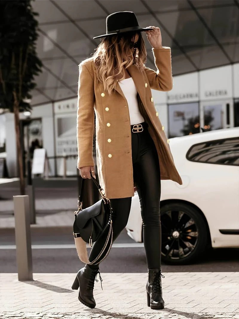 Street-wave Wool Coat For Women Slim Fit Double Breasted Mid Length Tailored Lapels Chic
