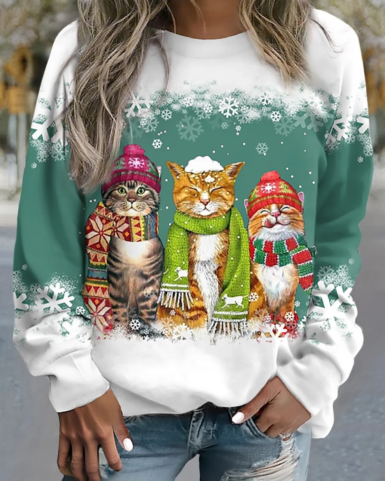 Street Wave Cozy Cat Graphic Knit Sweatshirt With Loose Fit For Women Winter Style Comfort