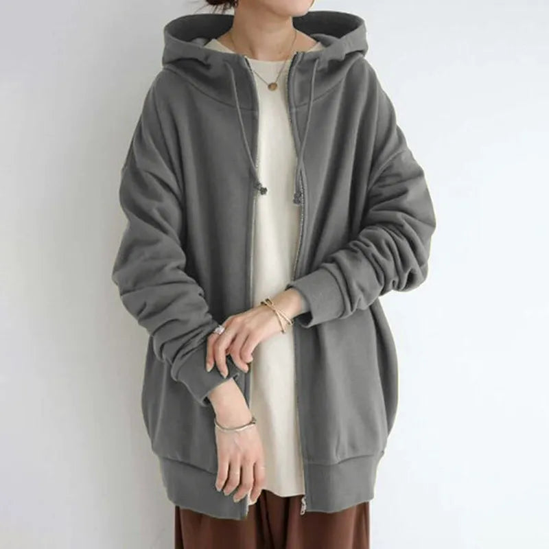 Street-Wave Women's Oversized Fleece Zip Front Hoodie With Side Pockets