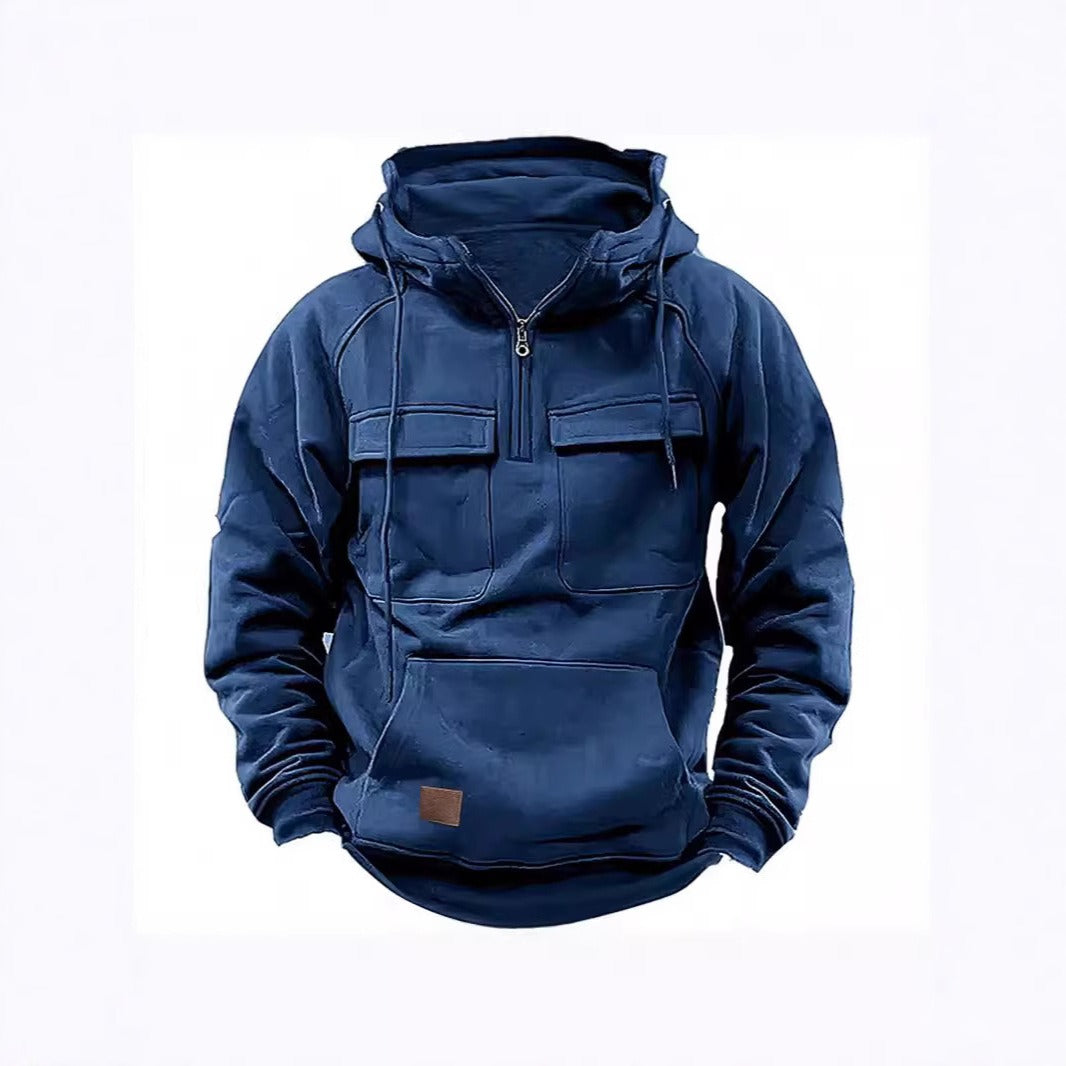 Mens Hoodie Street Wave Relaxed Half Zip Chest Pockets