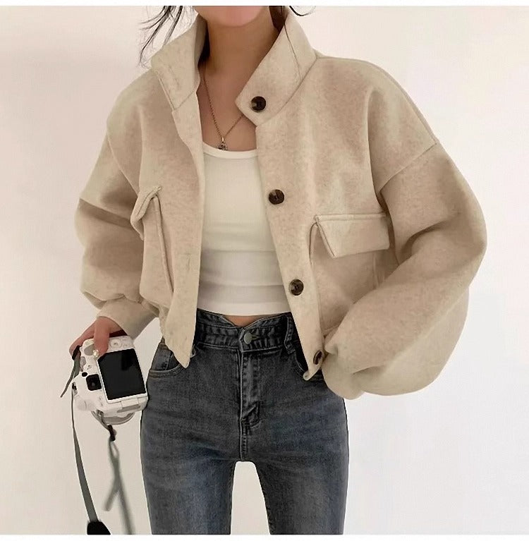 Streetwave Gray Wool Short Jacket For Women, Timeless Elegance, Button Front, Practical Pockets