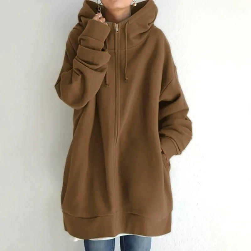 Street-Wave Women's Oversized Fleece Zip Front Hoodie With Side Pockets