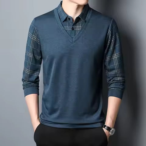 Street Wave Men V Neck Slim Fit Knit Pullover With Faux Layered Plaid Sleeves