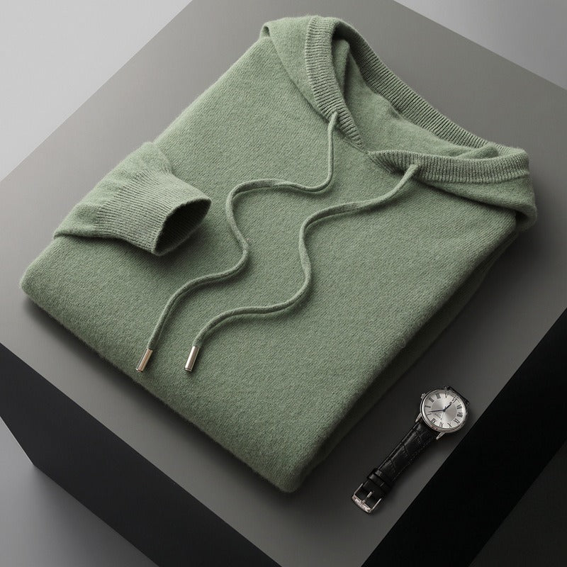 Mens Wool Knit Hoodie Relaxed Fit With Hood Drawstrings Ribbed Trim Cozy Soft Touch Feel