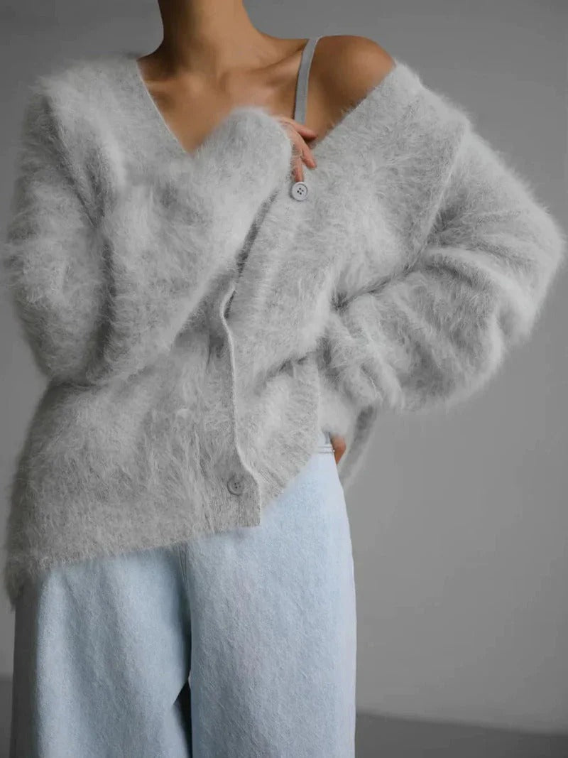 Womens Fuzzy Knit Cardigan Street-Wave Oversized V Neck Button Front