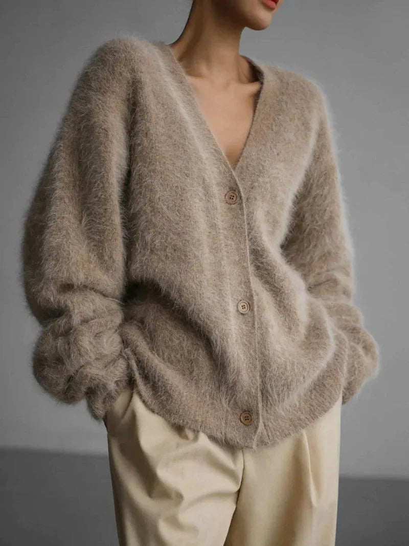 Womens Fuzzy Knit Cardigan Street-Wave Oversized V Neck Button Front