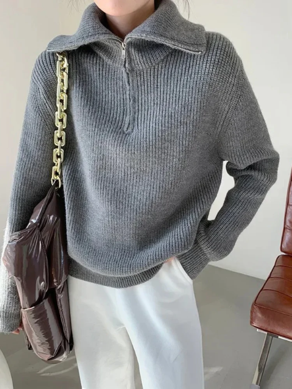 Street Wave Wool Pullover Women Cozy Relaxed Fit High Zip Collar Ribbed Finish Warmth