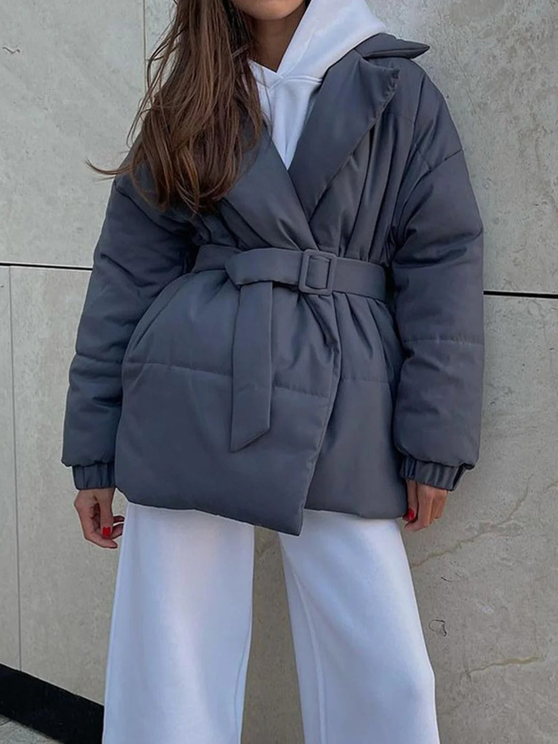 Streetwave Puffer Jacket Belted Waist Wrap Front Quilted Winter Coat for Women Cozy Warmth