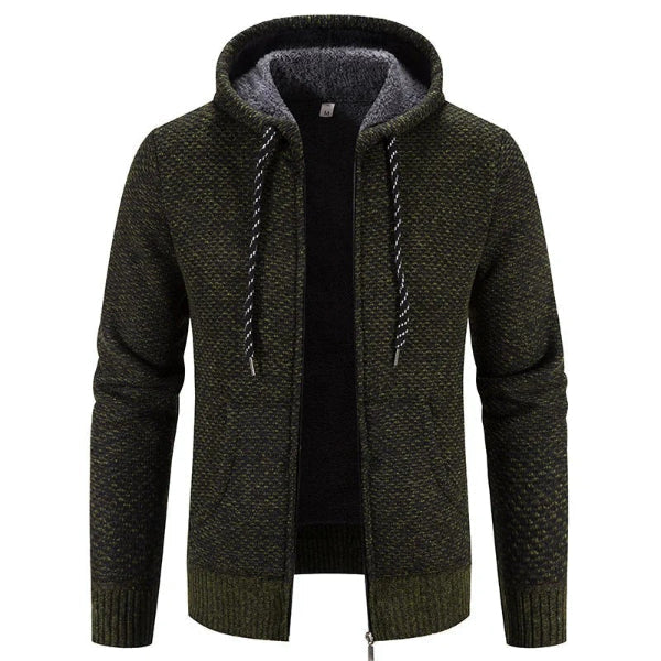 Street-Wave Men's Hooded Cardigan With Plush Lining Knit Texture