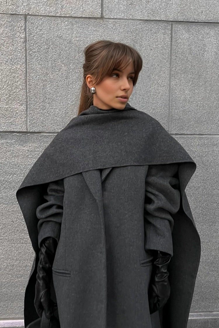 Street-wave Long Cape Coat With Structured Cape Design and High Collar for Modern Women