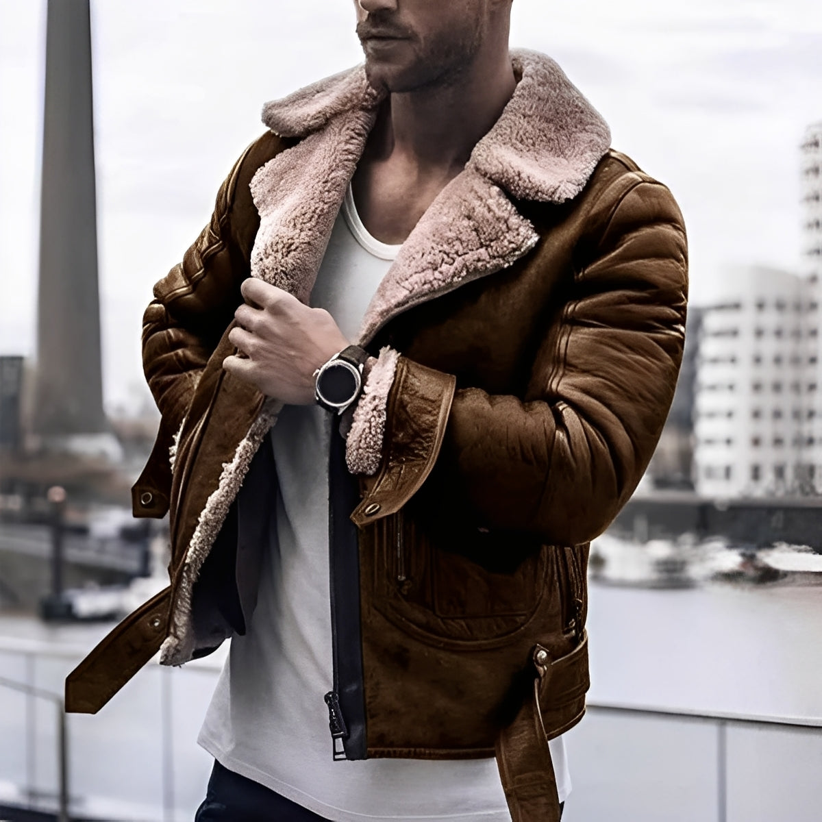 Street-wave Men's Shearling Leather Jacket With Warm Lining For Winter Elegant Cozy Protection
