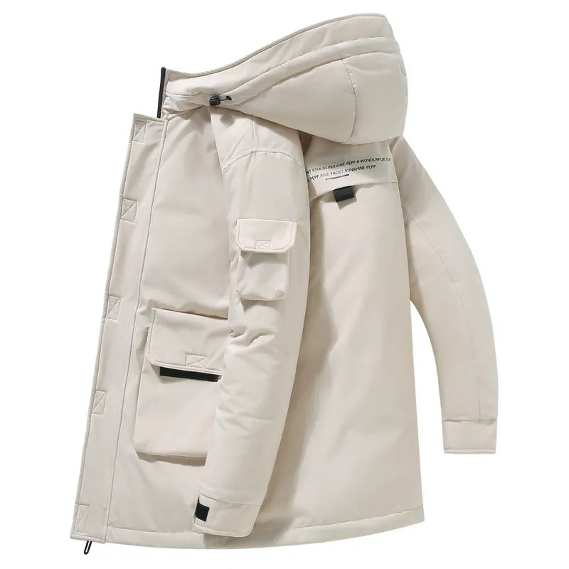 Mens Mid Length Hooded Jacket With Padded Silhouette Patch Pockets And Adjustable Cuffs