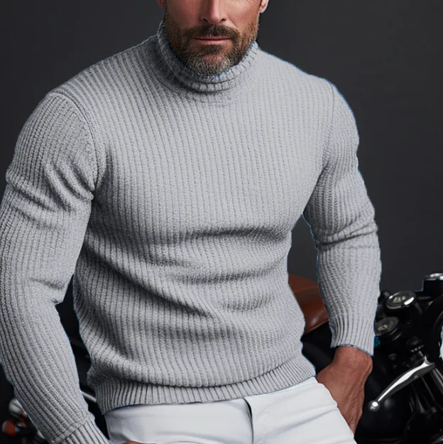 Men's Slim Fit Turtleneck Sweater in Ribbed Wool Knit, Long Sleeve Classic Style By Street-Wave