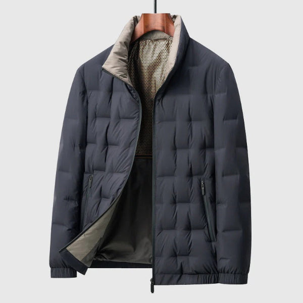 Men's Down Jacket With Quilted Grid Pattern Regular Fit Zip Front Stand Collar Winter Coat
