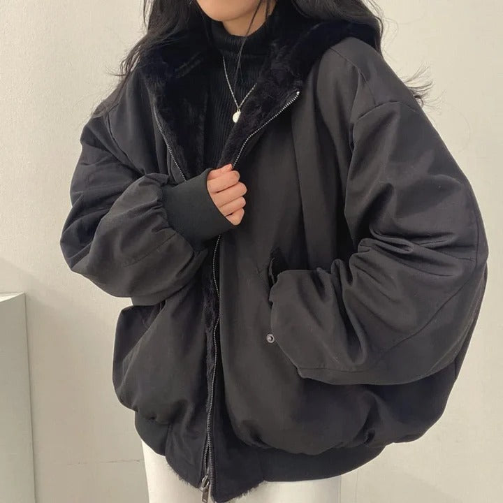 Street-wave Faux Fur Lined Oversized Jacket Hip Length Ribbed Cuffs For Women Cozy Warmth And Layering